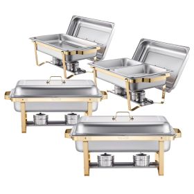8 Qt 4 Pack Rectangle Chafing Dish Buffet Set Full-Size & Half-Size Pans Gold